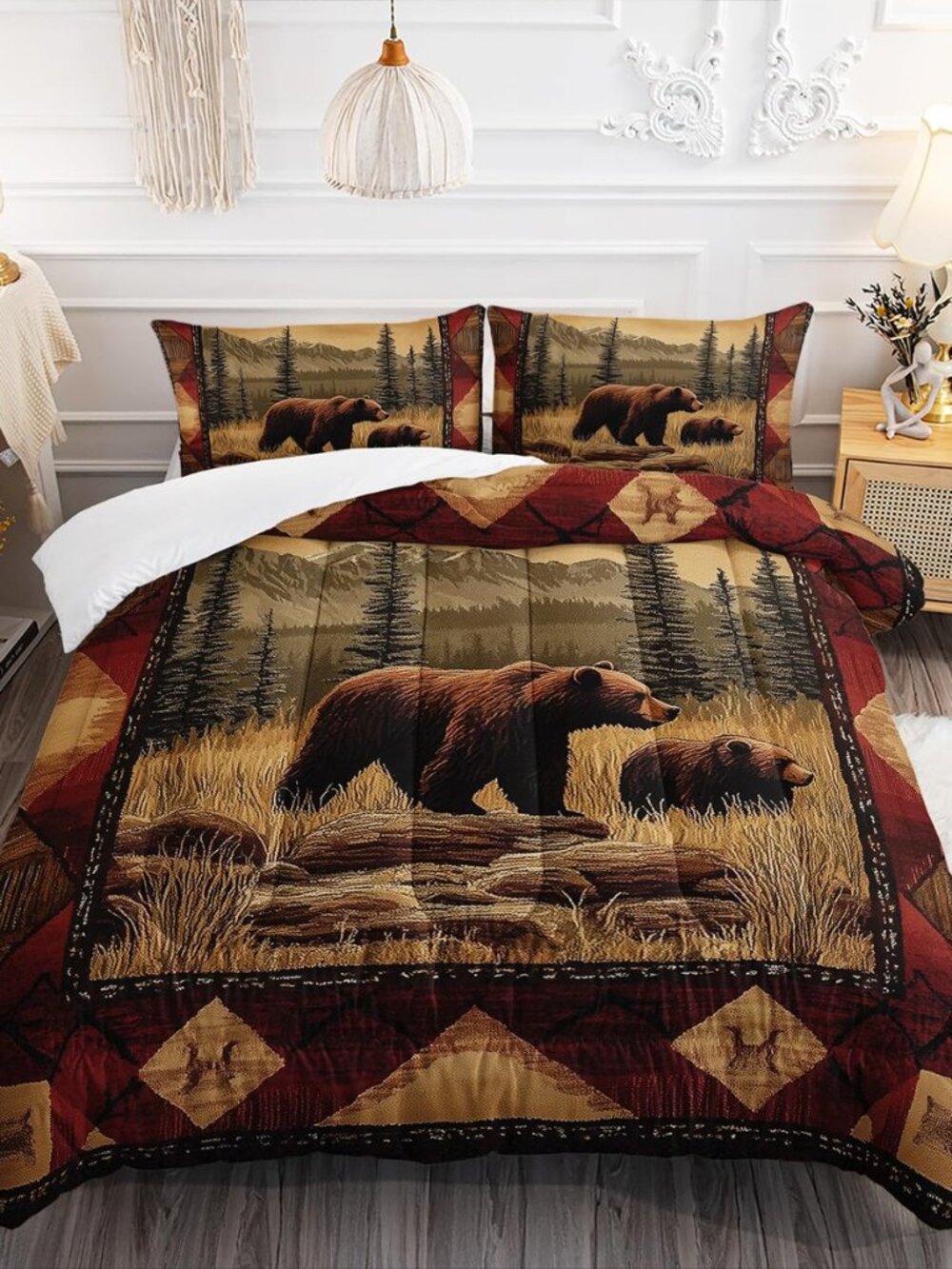 Rustic Bear Wild Hunt Animal Comforter 3Pcs Queen Natural Forest Wildlife Brown